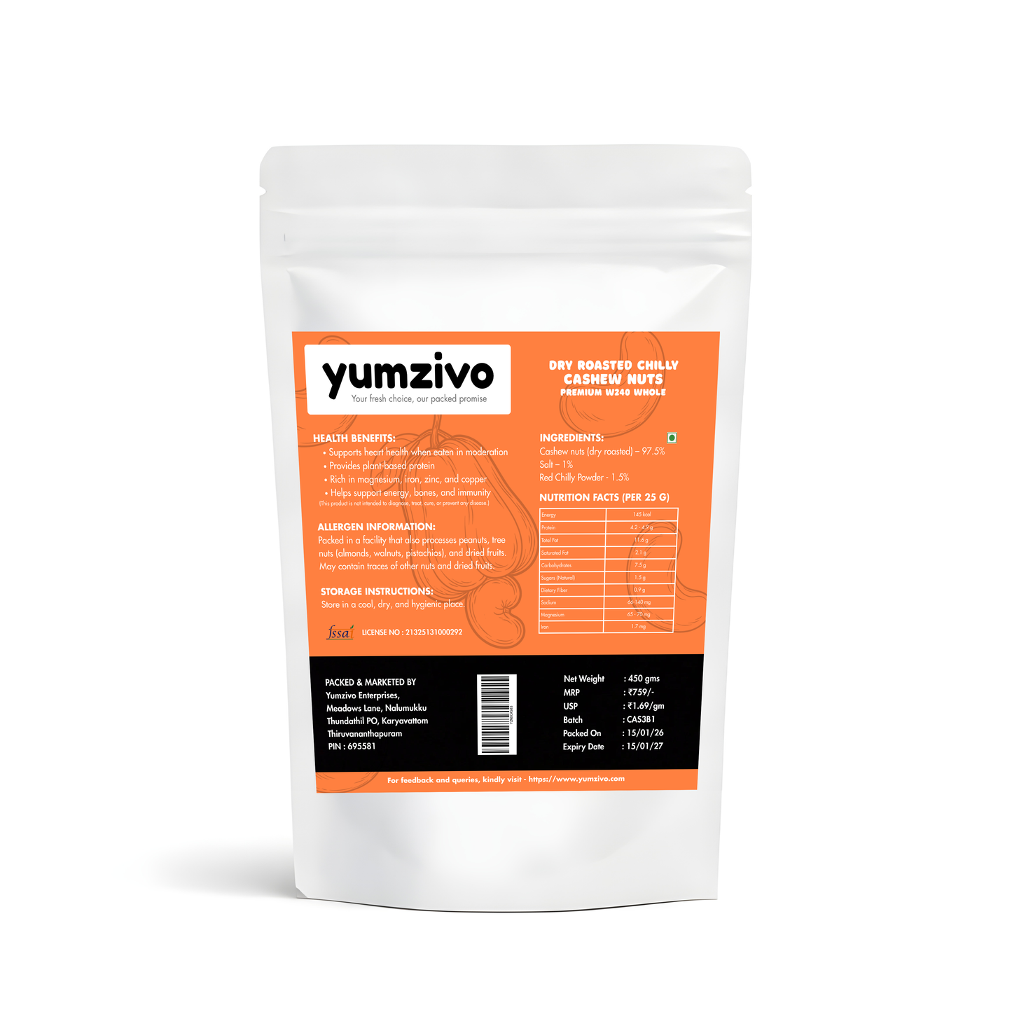 Yumzivo - Dry Roasted Chilly Cashew Nuts